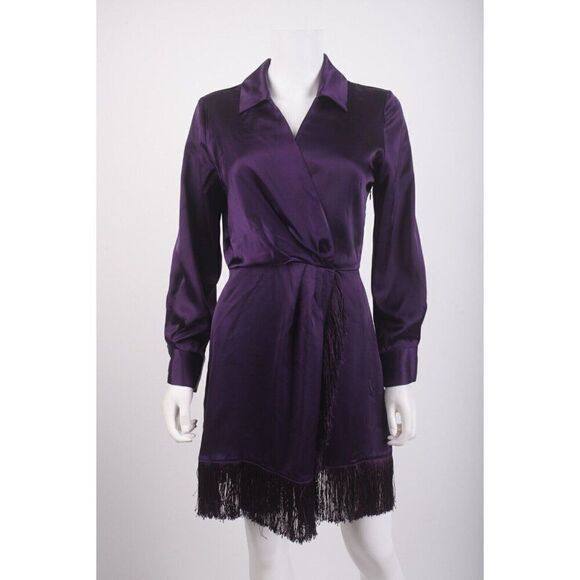 Zara Womens Fringed Wrap Dress S Purple Satin Effect Long sleeve 2081/845 NWT - Picture 1 of 6
